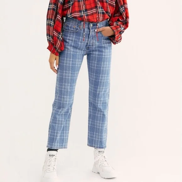 Levi's x Free People Blue Plaid Print High Rise Button Fly Wedgie Straight Jeans - Picture 1 of 13